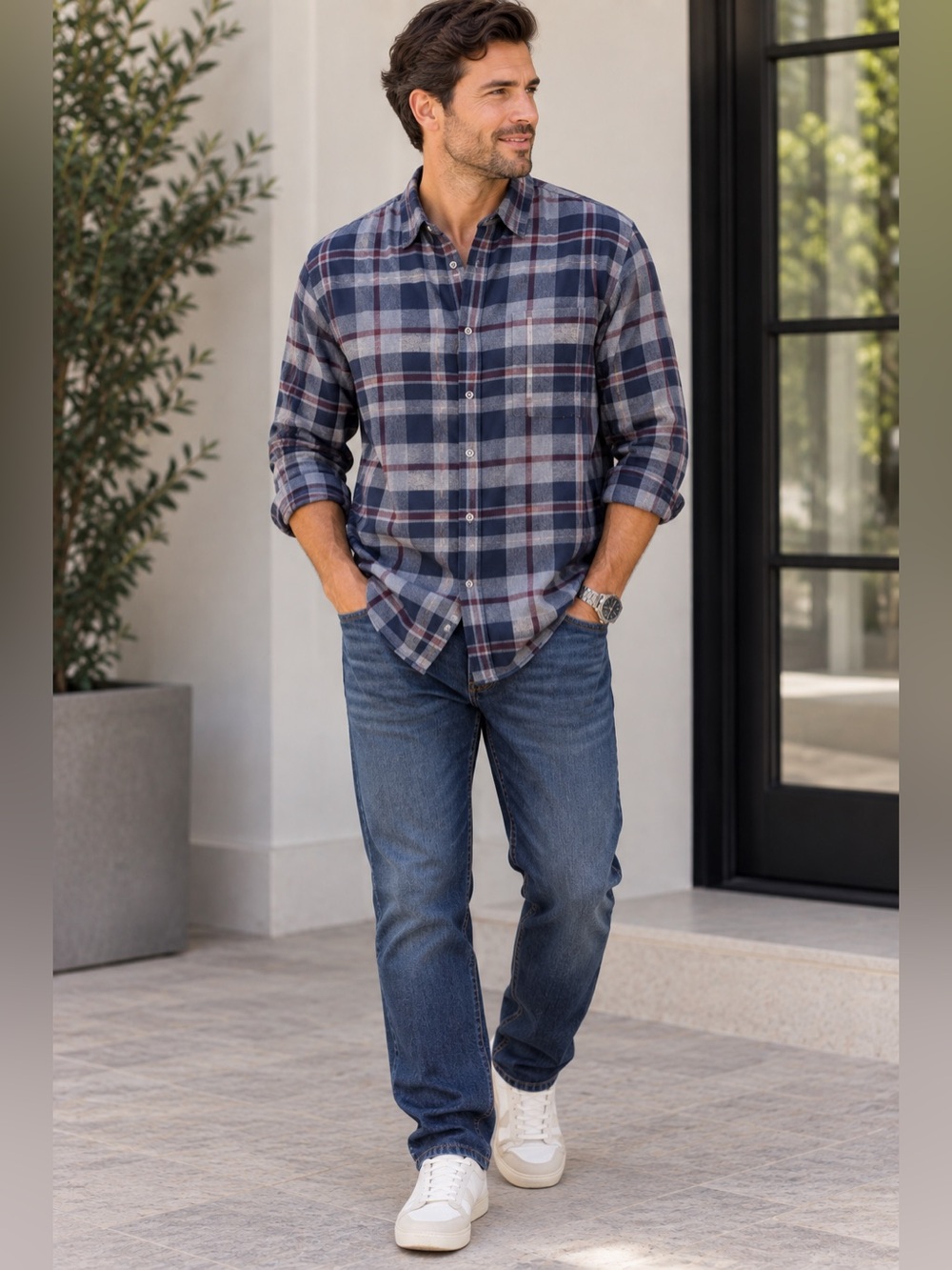 Theory Men’s XXL Blue Burgundy Plaid Button Down Flannel Shirt